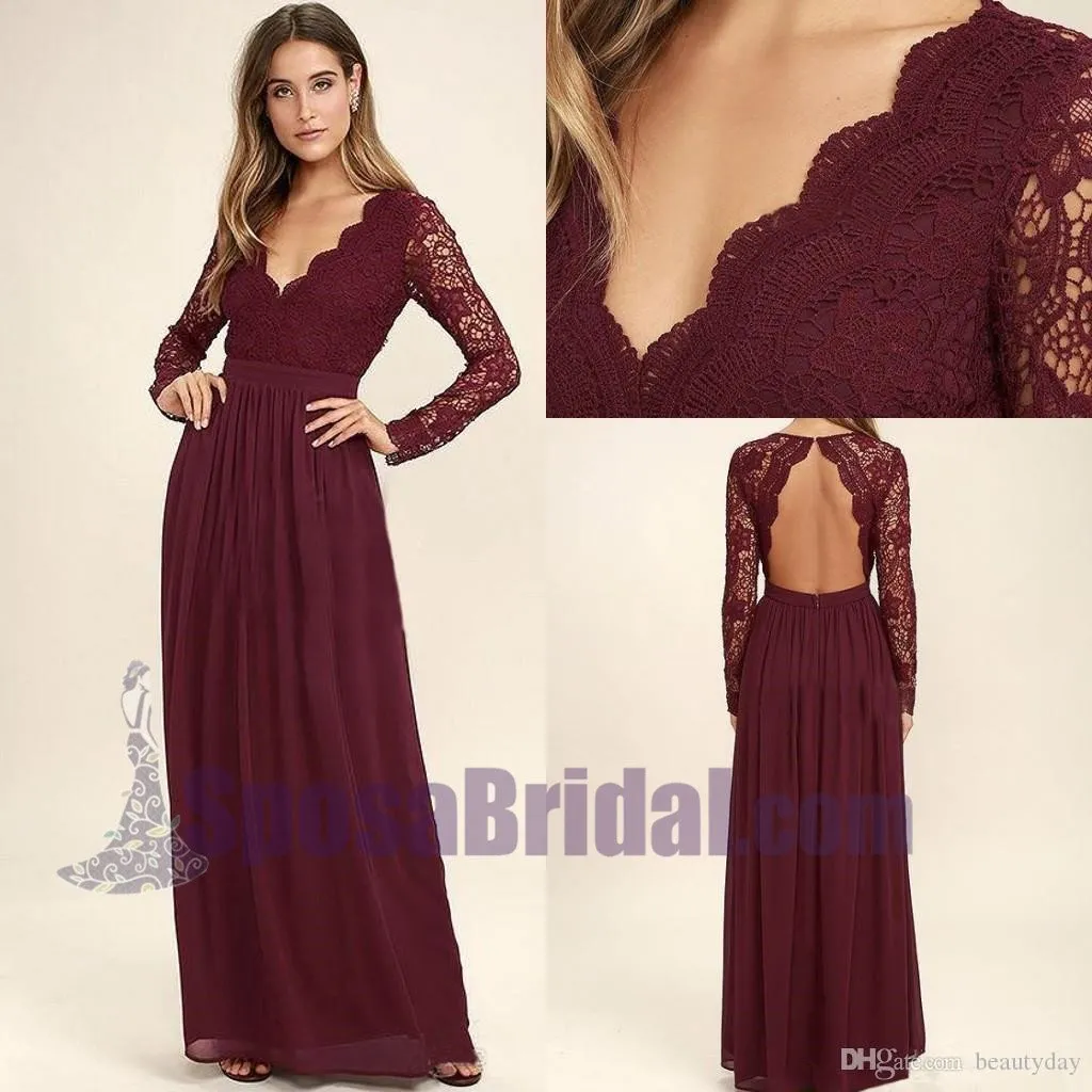Cheap Chiffon Lace top Long Sleeves Custom Popular Open Back Bridesmaid Dress, WG215