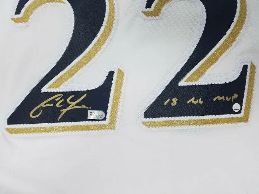 CHRISTIAN YELICH Autographed "18 NL MVP" Cool Base White Brewers Jersey STEINER