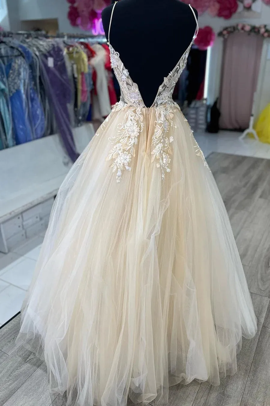Cream Tulle Appliques Spaghetti Strap A-Line Long Prom Dress TP1255