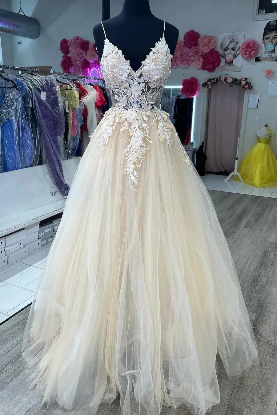 Cream Tulle Appliques Spaghetti Strap A-Line Long Prom Dress TP1255
