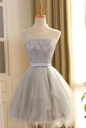 Cute A-line Scoop Gray Tulle Sleeveless Short Homecoming Dress,Sweet 16 Dresses OK316