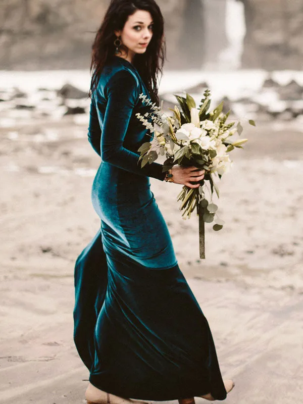 Dark Green Mermaid Elegant Beach Long Sleeves Country Wedding Dresses, WD0546