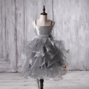 Dark Grey Sequin Organza Bustled Flower Tutu Dresses, Cheap Popular Flower Girl Dresses, FGY0114