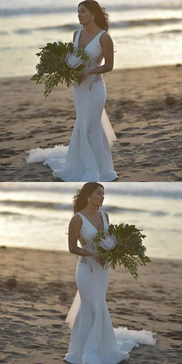Deep V-Neck Sweep Train Mermaid Beach Long Sexy Popular Wedding Dresses with Lace, WD0205