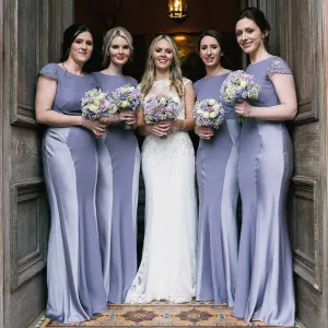 Dusty Blue And Gray Short Sleeves Soft Mermaid Round Neck Long Bridesmaid Dresses, BD3275