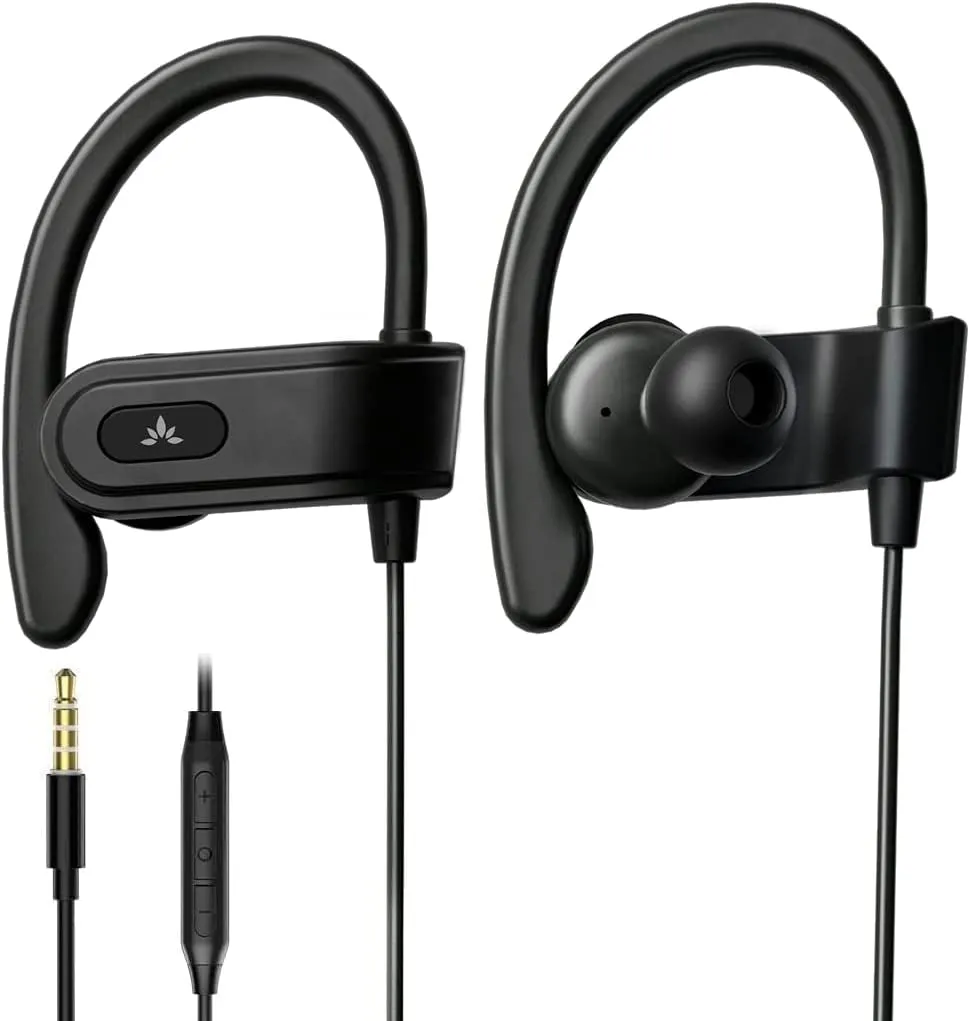E171 - Sports Earbuds Wired with Microphone, Sweatproof Wrap around Earphones with over Ear Hook, in Ear Running Headphones for Workout Exercise Gym Compatible with Cell Phones