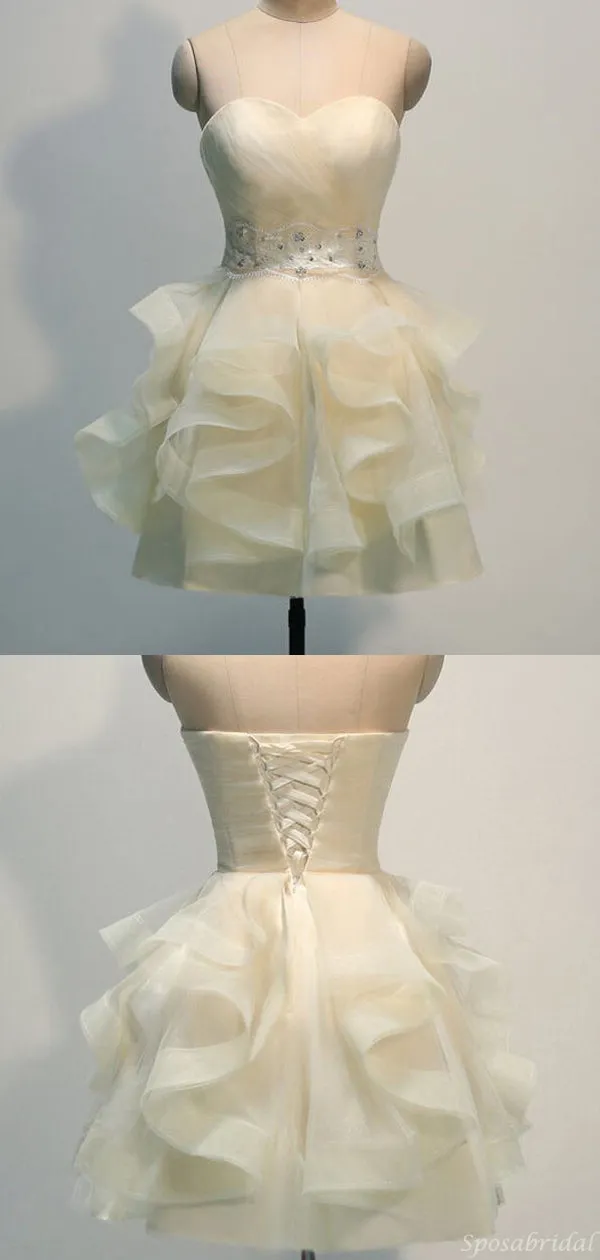 Elegant Ivory Strapless Sweetheart Ruffles A-line Mini Homecoming Dress, HD3053