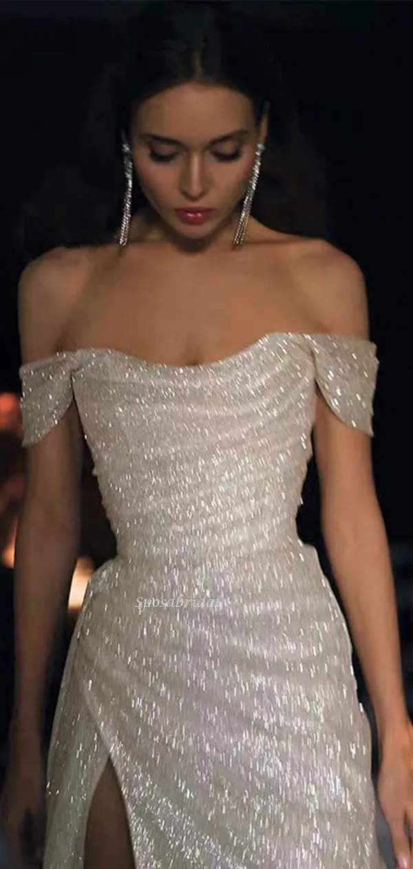 Elegant Sparkly Off-shoulder White Side Slit Sheath Long Prom Dress, PD3568