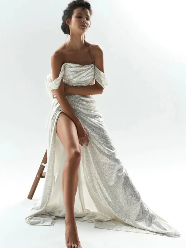 Elegant Sparkly Off-shoulder White Side Slit Sheath Long Prom Dress, PD3568