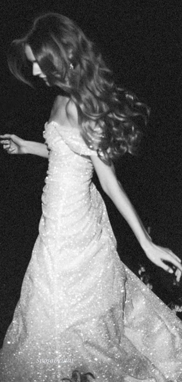 Elegant Sparkly Off-shoulder White Side Slit Sheath Long Prom Dress, PD3568