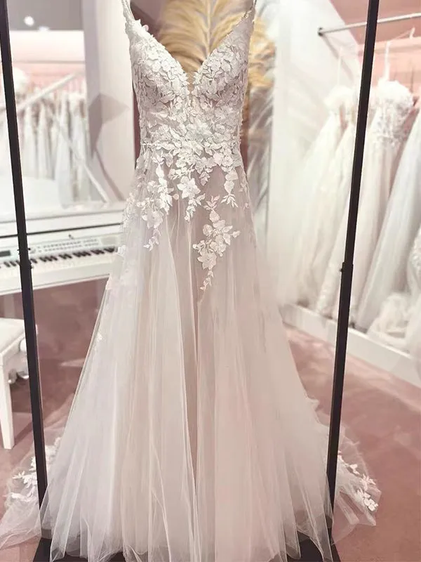 Elegnt Spaghetti Straps V-neck Applique Tulle Flowers Prom Dress, OL554