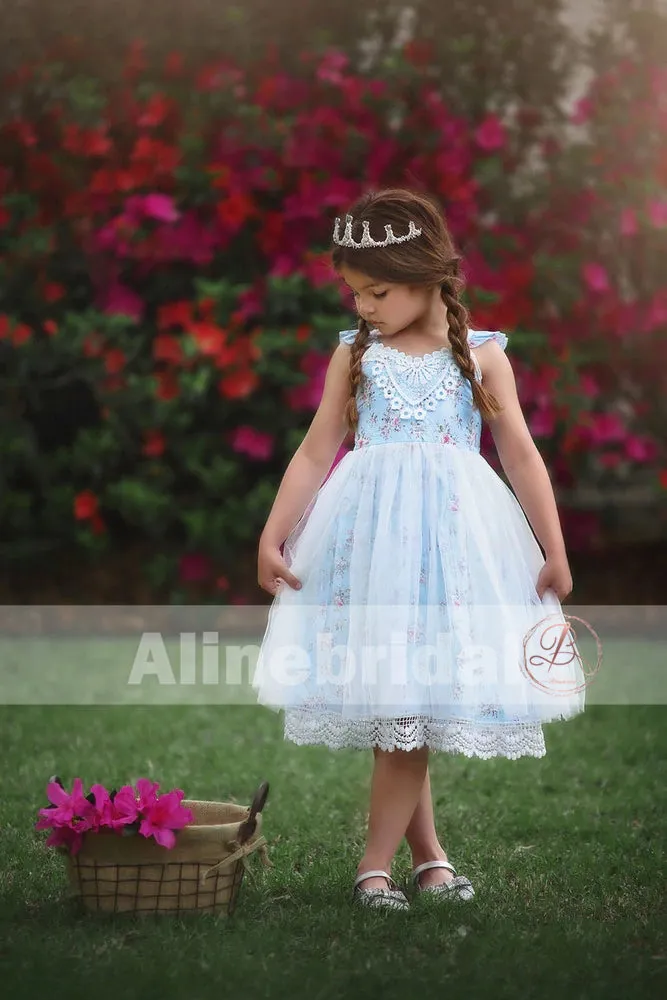 Fashion Blue Floral Ivory Lace Country Wedding Flower Girl Dresses , FGS064