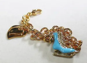 FIGURE SKATE BLUE  GOLD TONE  BRACELET DOUBLE HEART CHARM