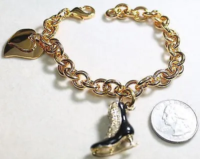 FIGURE SKATE CHARM GOLD TONE BRACELET DOUBLE HEART CHARM