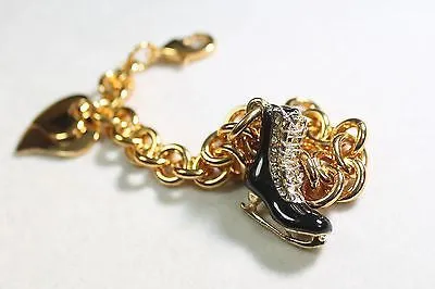 FIGURE SKATE CHARM GOLD TONE BRACELET DOUBLE HEART CHARM