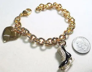 FIGURE SKATE CHARM GOLD TONE BRACELET DOUBLE HEART CHARM