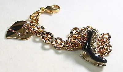 FIGURE SKATE CHARM GOLD TONE BRACELET DOUBLE HEART CHARM