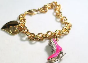 FIGURE SKATE HOT PINK CHARM GOLD TONE BRACELET DOUBLE HEART CHARM