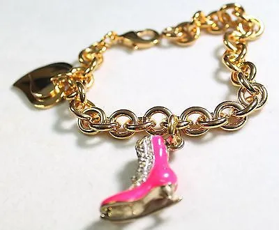 FIGURE SKATE HOT PINK CHARM GOLD TONE BRACELET DOUBLE HEART CHARM