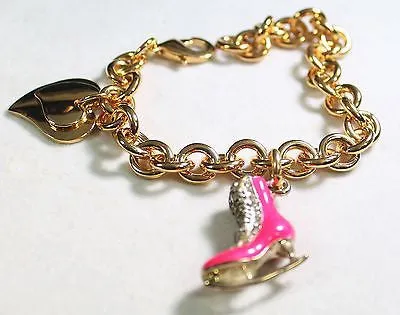 FIGURE SKATE HOT PINK CHARM GOLD TONE BRACELET DOUBLE HEART CHARM