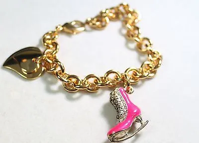 FIGURE SKATE HOT PINK CHARM GOLD TONE BRACELET DOUBLE HEART CHARM