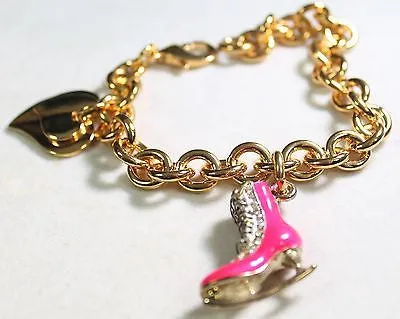 FIGURE SKATE HOT PINK CHARM GOLD TONE BRACELET DOUBLE HEART CHARM