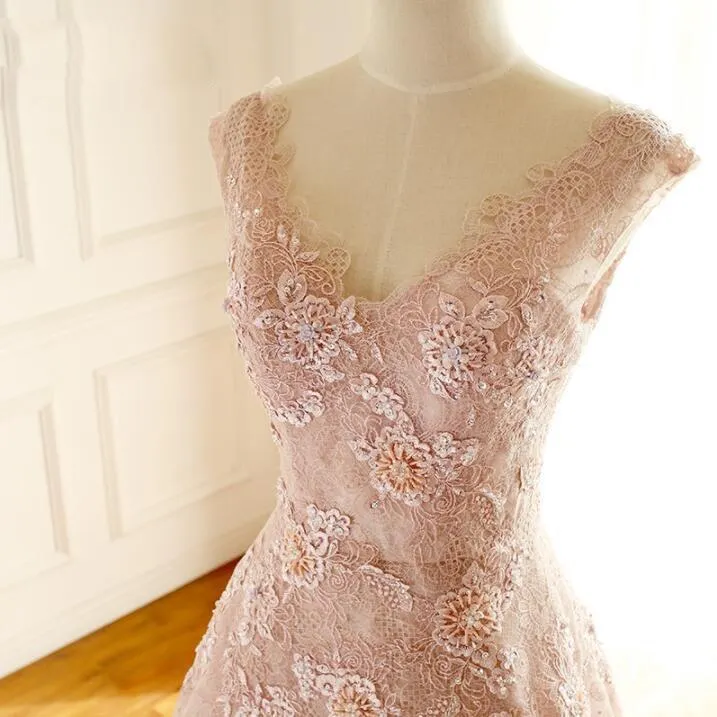 Floor-length V Neck Long Blush Pink Bridal Dresses, Pretty Elegant Most Popular Lace Wedding Dresses, WD0272