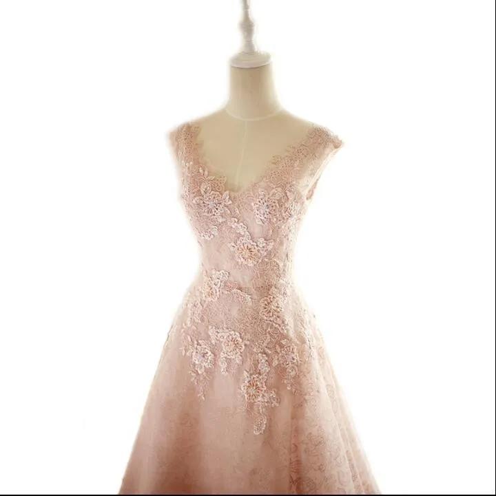 Floor-length V Neck Long Blush Pink Bridal Dresses, Pretty Elegant Most Popular Lace Wedding Dresses, WD0272