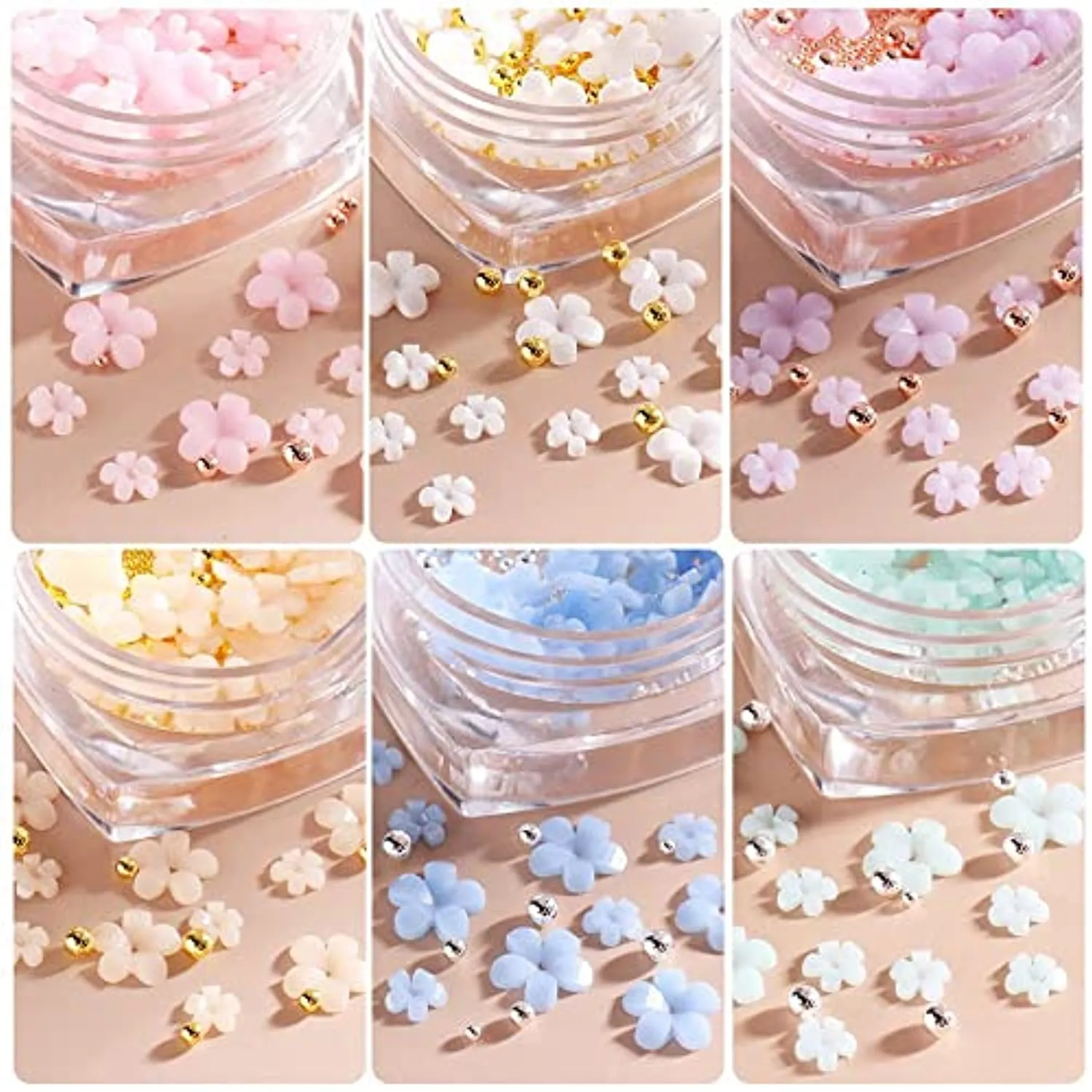 Flower Nail Charms for Nail Art, 3D Nail Flowers Rhinestones Gems Nail Art Supplies Color Changed Cherry Blossom Nail Art Charms With Metal Beads Spring Nail Designs for Women Girls, 6 Boxes