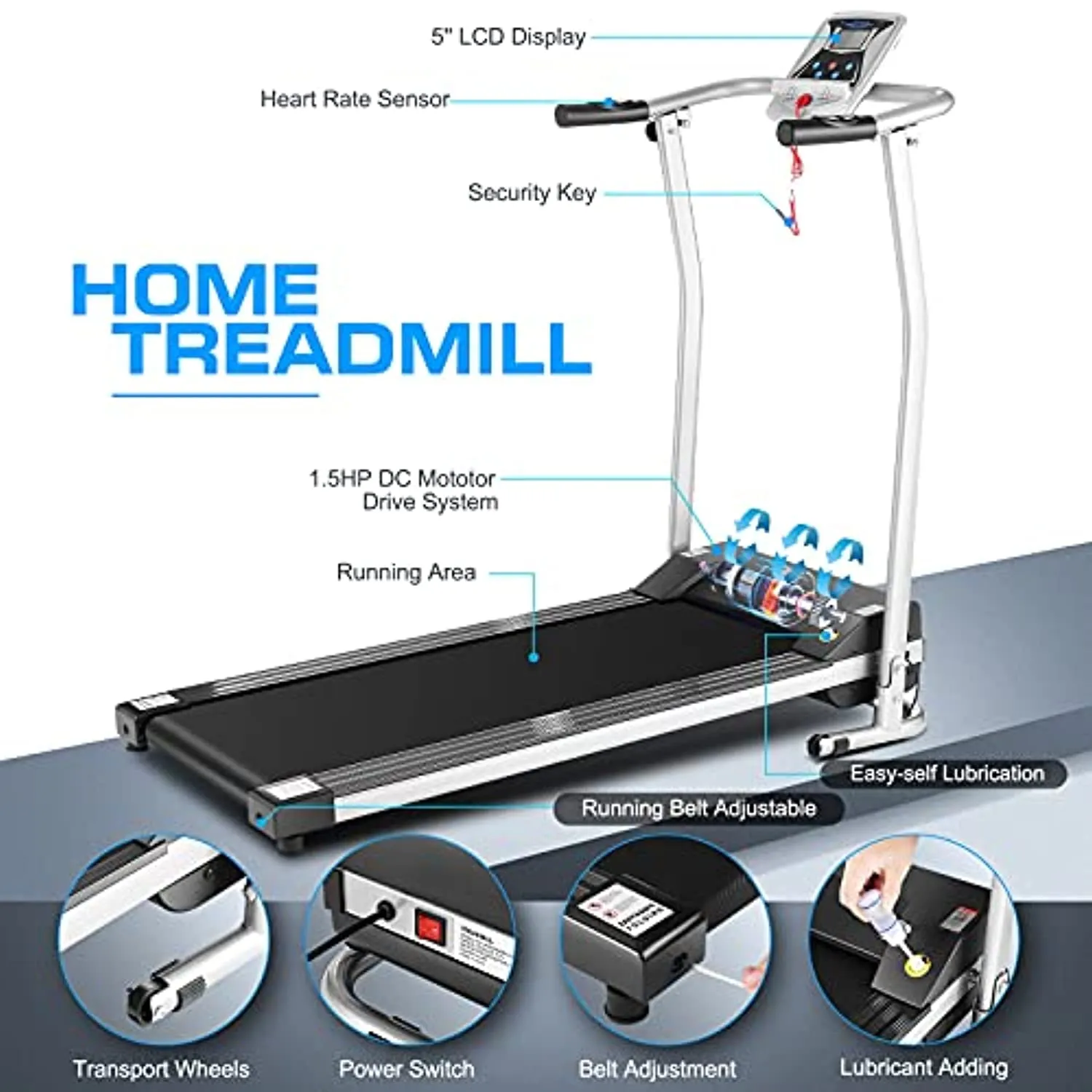 Folding Treadmill, Treadmill for Home with LCD Monitor Motorized, Electric Treadmill Workout Running Machine with Auto Stop Safety Function, Walking Running Machine Equipment for Home Gym