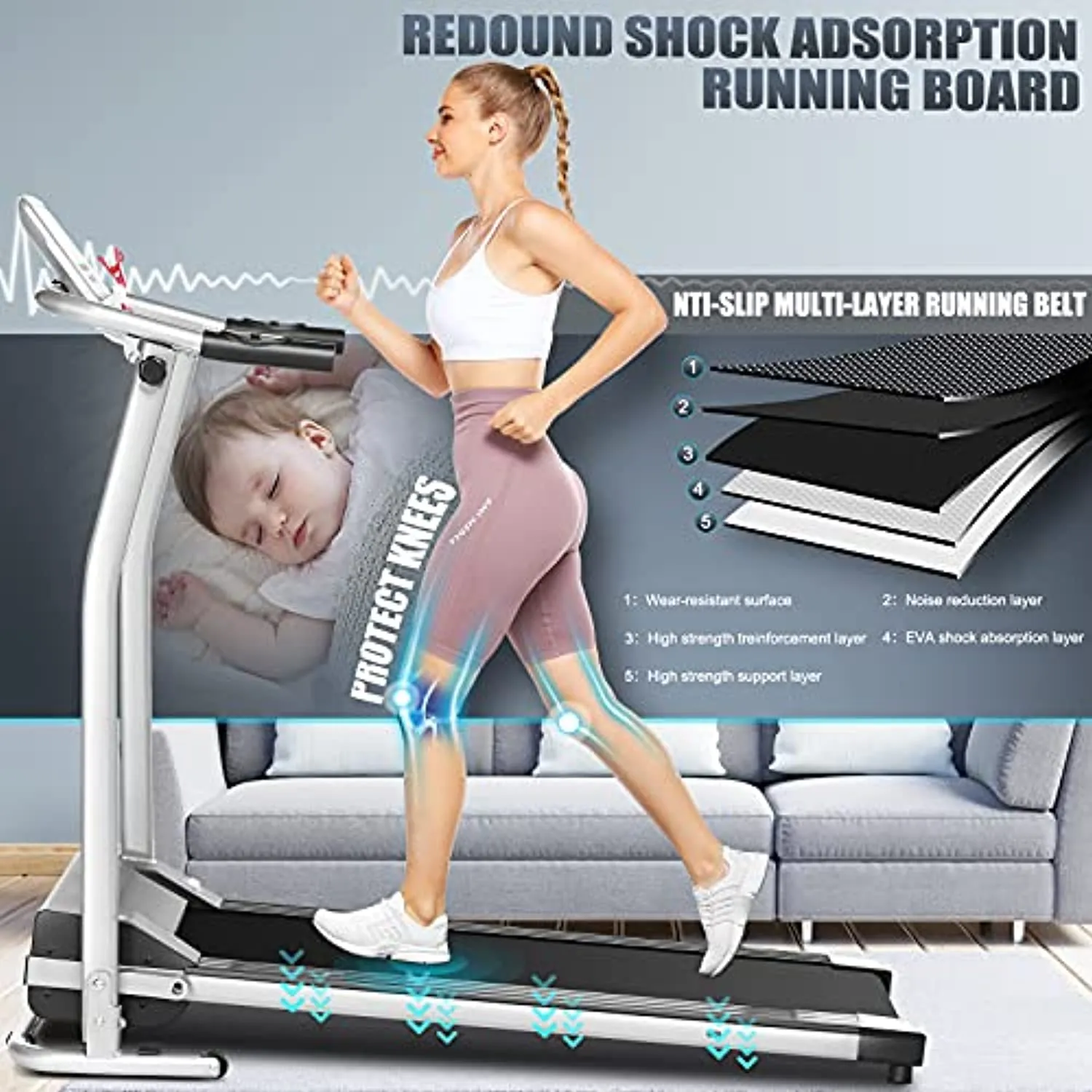 Folding Treadmill, Treadmill for Home with LCD Monitor Motorized, Electric Treadmill Workout Running Machine with Auto Stop Safety Function, Walking Running Machine Equipment for Home Gym