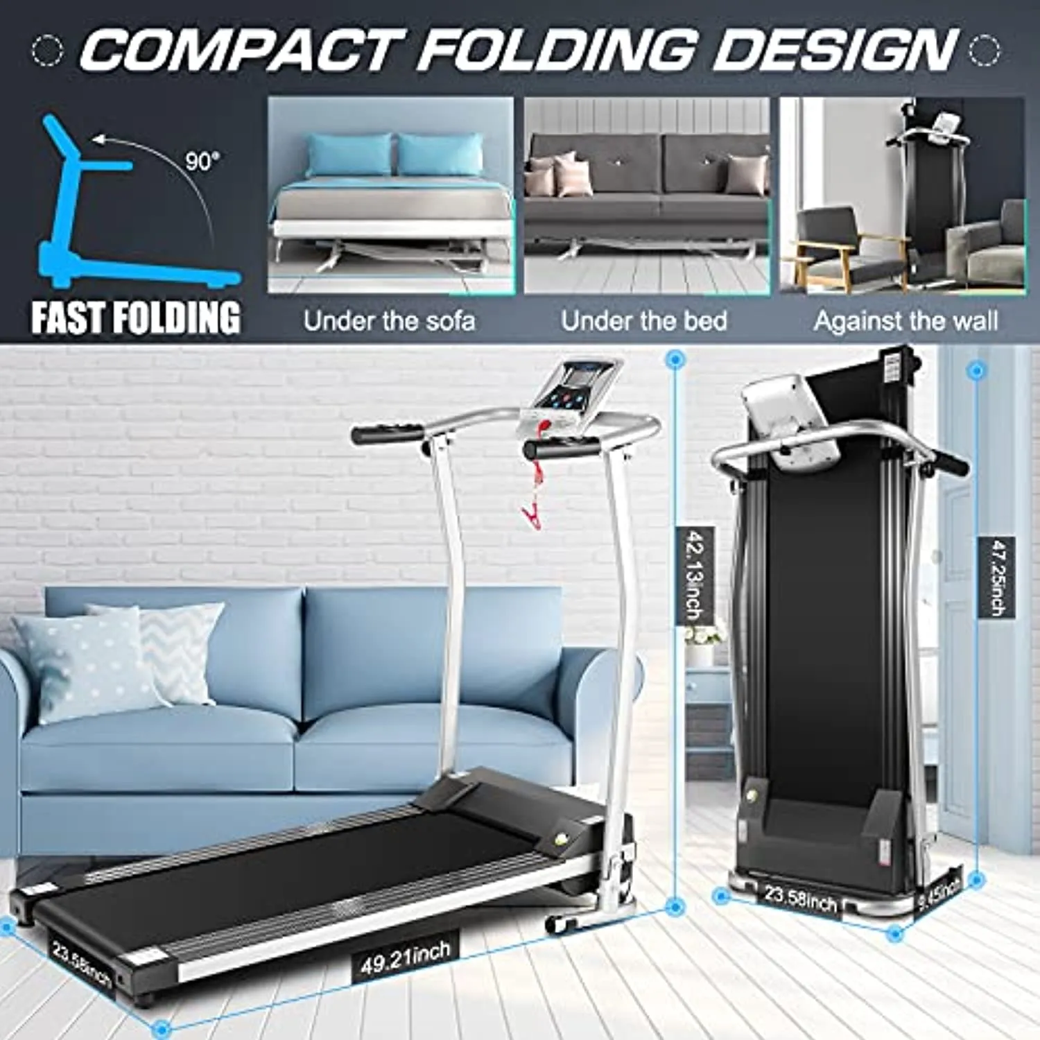 Folding Treadmill, Treadmill for Home with LCD Monitor Motorized, Electric Treadmill Workout Running Machine with Auto Stop Safety Function, Walking Running Machine Equipment for Home Gym