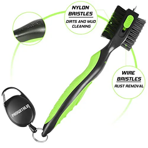 Golf Club Brush and Golf Club Groove Cleaner 2 in 1, 2ft Retractable Zip-line Metal Buckle and Retractable Sharp Pick, Multifunctional Brush Head with Nylon and Wire Bristles(Black and Green Upgraded