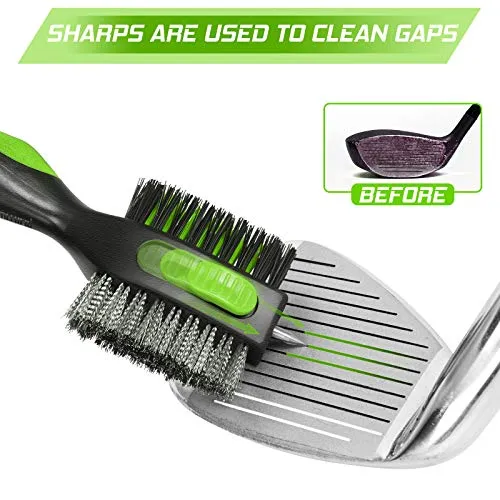 Golf Club Brush and Golf Club Groove Cleaner 2 in 1, 2ft Retractable Zip-line Metal Buckle and Retractable Sharp Pick, Multifunctional Brush Head with Nylon and Wire Bristles(Black and Green Upgraded