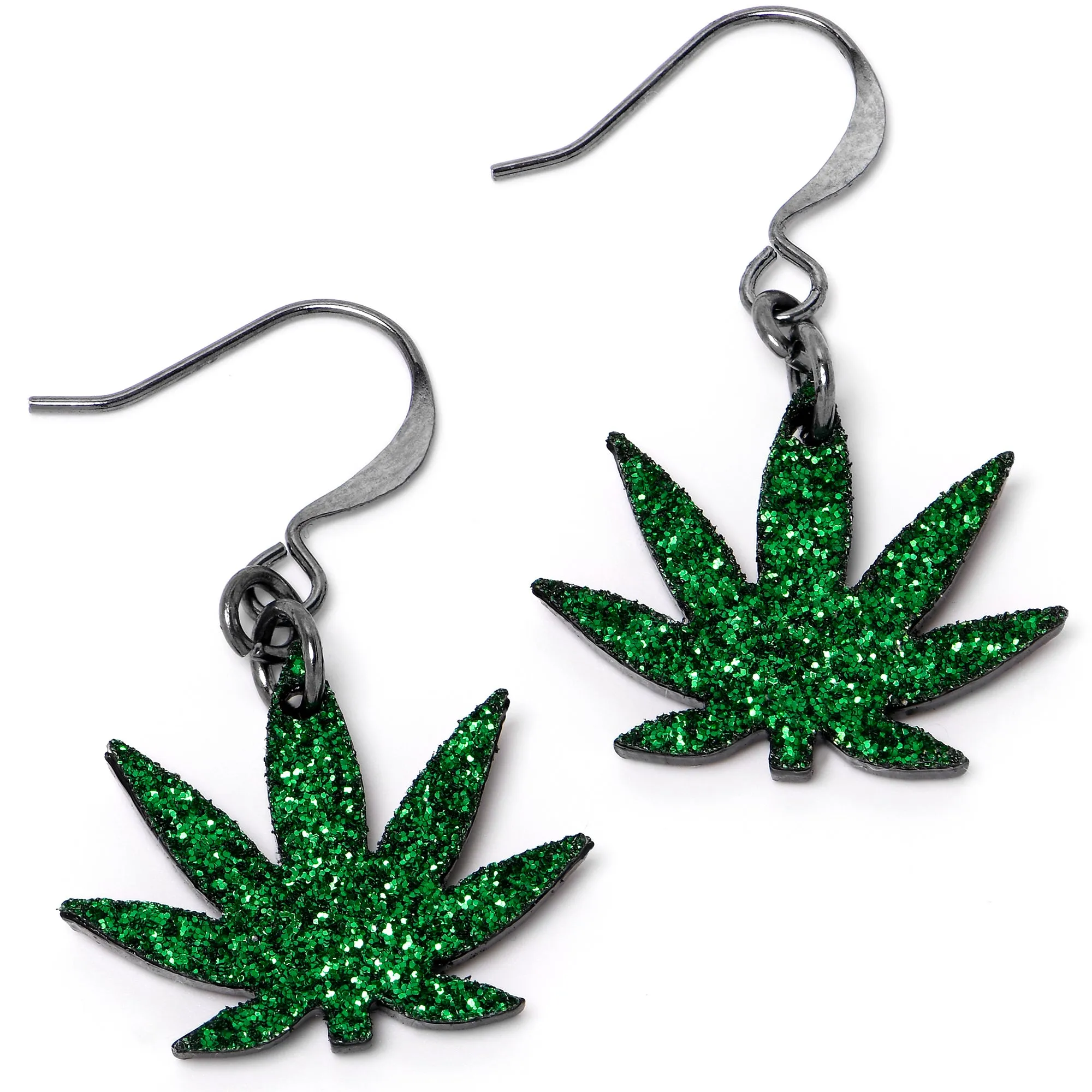 Green Glitter Marijuana Pot Leaf Dangle Earrings