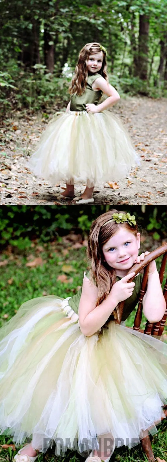 Green Satin Top Tulle Flower Girl Dresses, Cheap Popular Pixie Tutu Dresses,  FG023