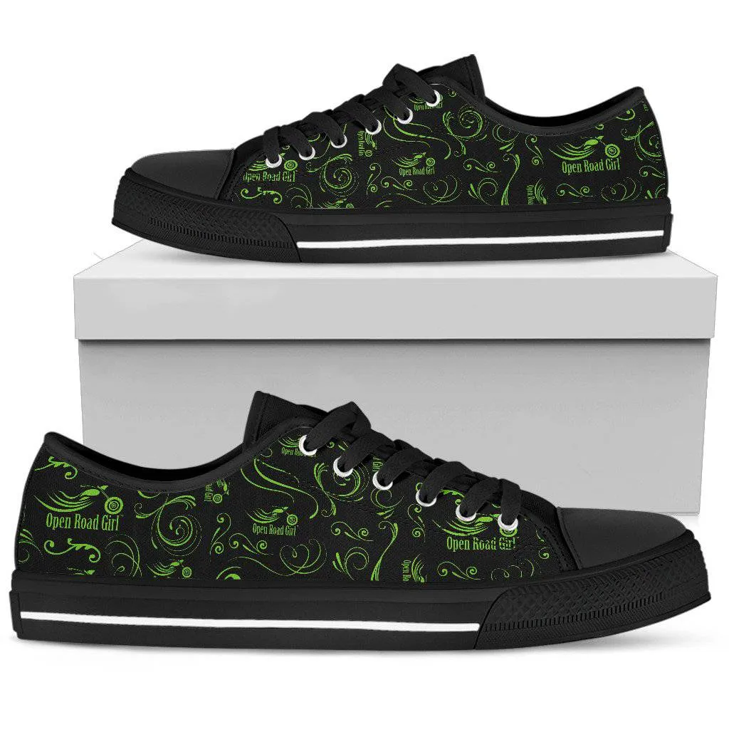 Green Scatter Design Open Road Girl Black Sole Women's Low Top custom Shoe