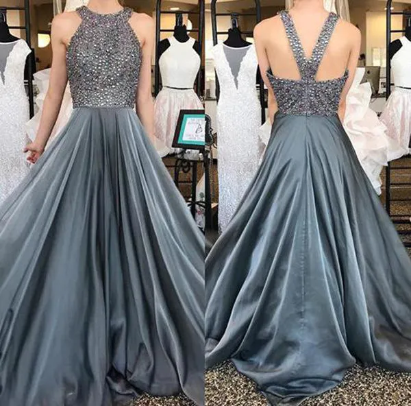 Grey Chiffon A-line Top Dark Rhinestone Beaded Prom Dresses Party Dress, SP393