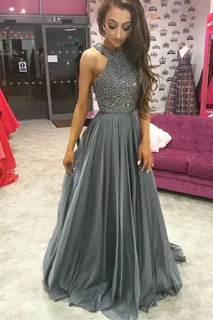Grey Chiffon A-line Top Dark Rhinestone Beaded Prom Dresses Party Dress, SP393
