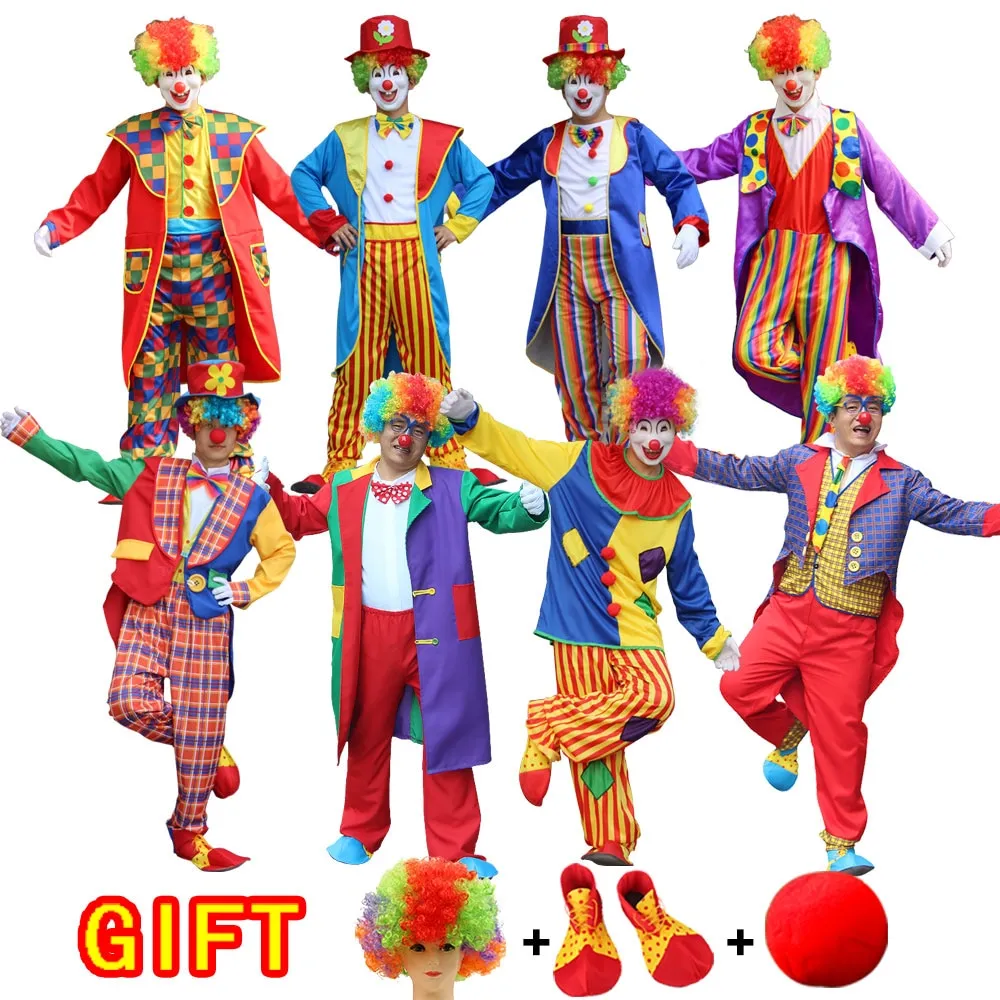 Halloween Adult Funny Circus Clown Cosplay Costumes Carnival Party Show With Wig Shoes Sponge Nose Dress for Men Women
