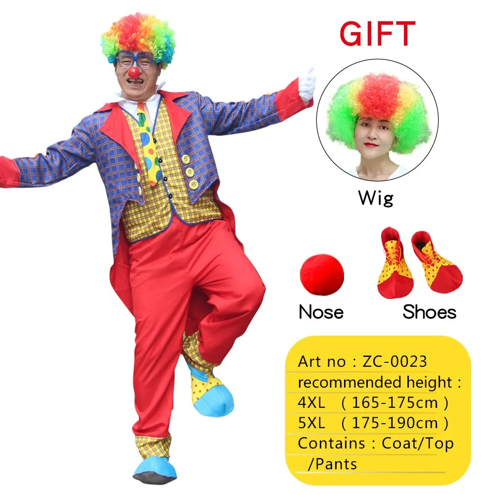 Halloween Adult Funny Circus Clown Cosplay Costumes Carnival Party Show With Wig Shoes Sponge Nose Dress for Men Women