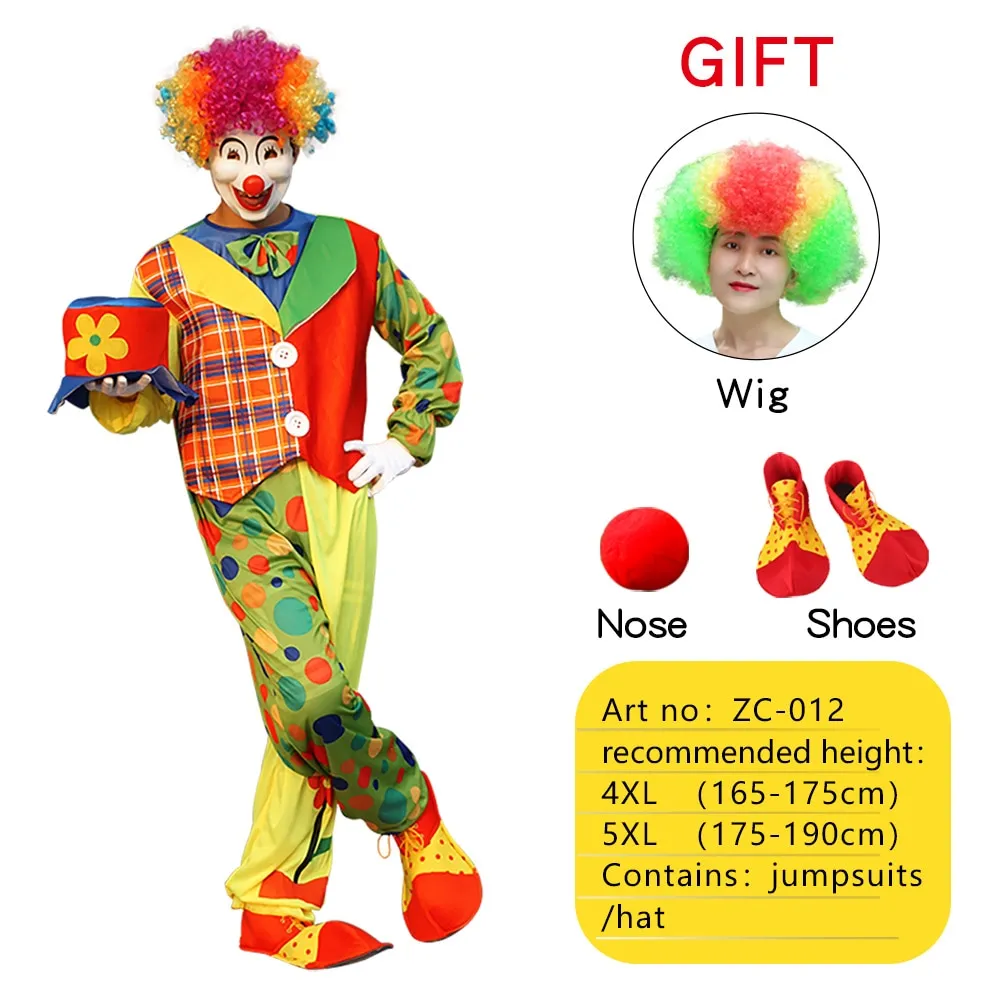 Halloween Adult Funny Circus Clown Cosplay Costumes Carnival Party Show With Wig Shoes Sponge Nose Dress for Men Women