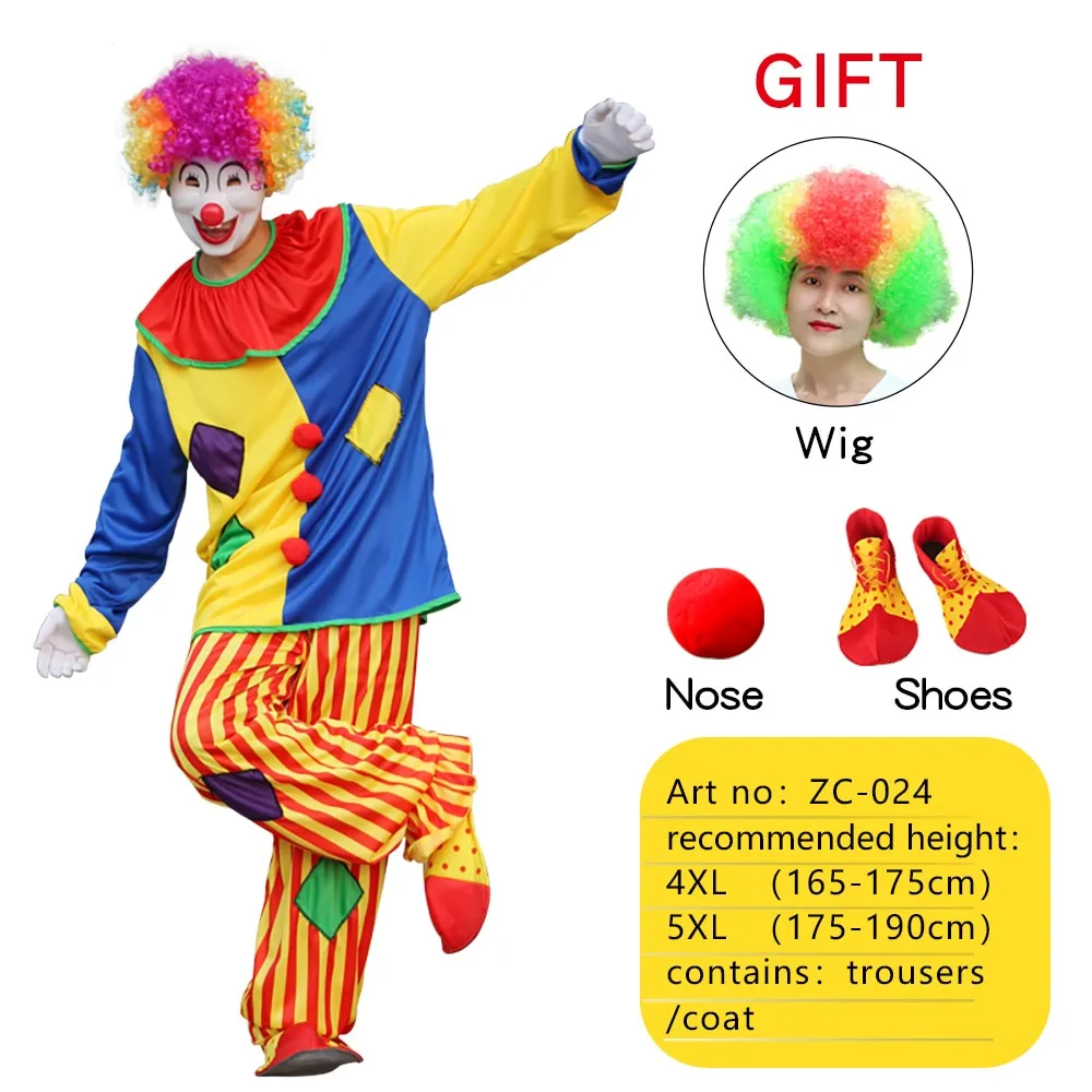 Halloween Adult Funny Circus Clown Cosplay Costumes Carnival Party Show With Wig Shoes Sponge Nose Dress for Men Women