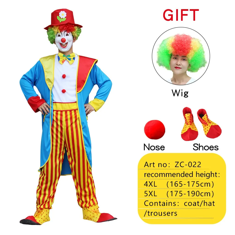 Halloween Adult Funny Circus Clown Cosplay Costumes Carnival Party Show With Wig Shoes Sponge Nose Dress for Men Women