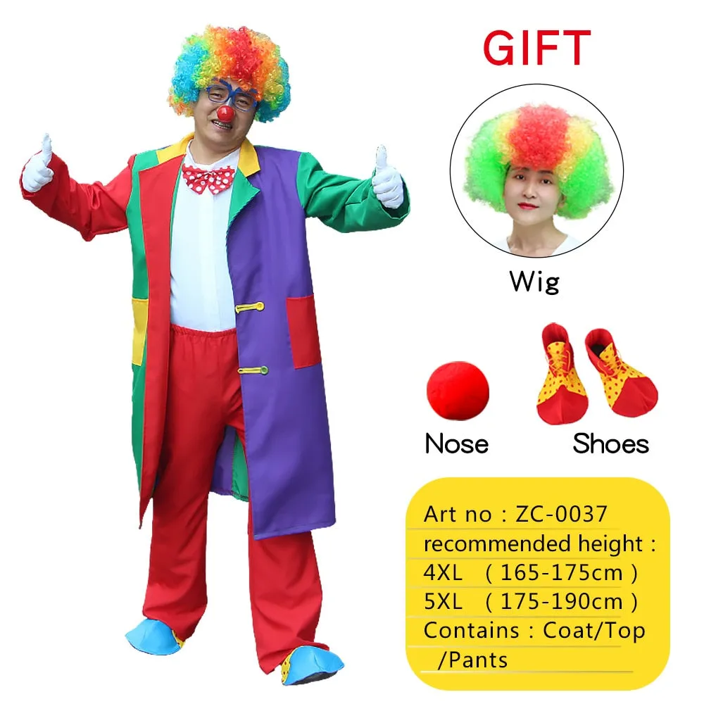 Halloween Adult Funny Circus Clown Cosplay Costumes Carnival Party Show With Wig Shoes Sponge Nose Dress for Men Women