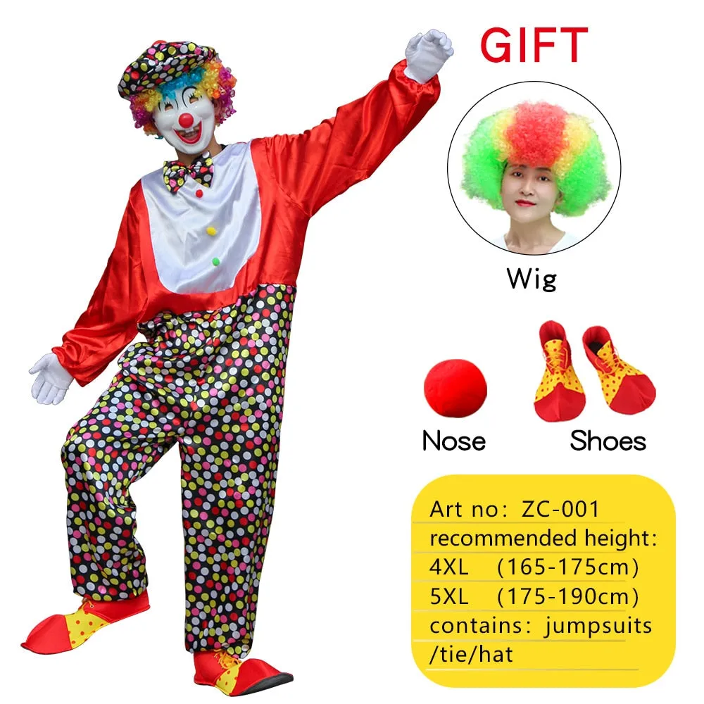 Halloween Adult Funny Circus Clown Cosplay Costumes Carnival Party Show With Wig Shoes Sponge Nose Dress for Men Women