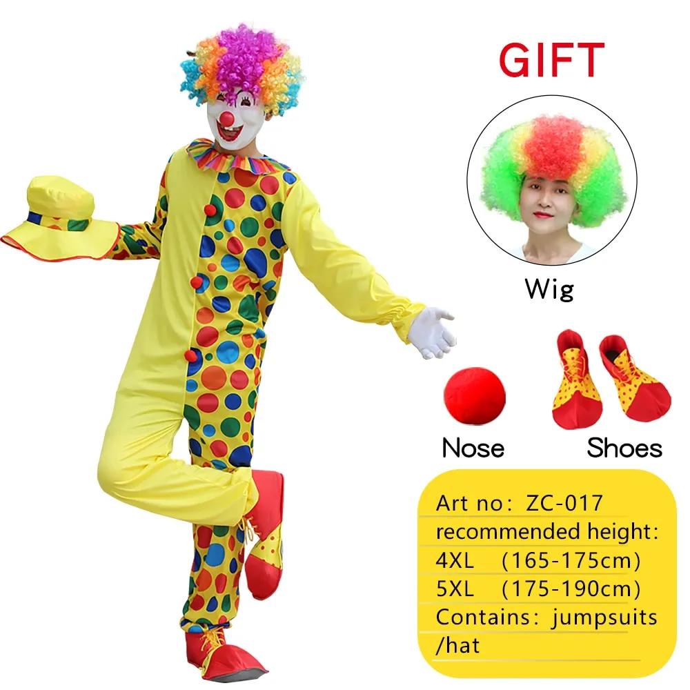 Halloween Adult Funny Circus Clown Cosplay Costumes Carnival Party Show With Wig Shoes Sponge Nose Dress for Men Women