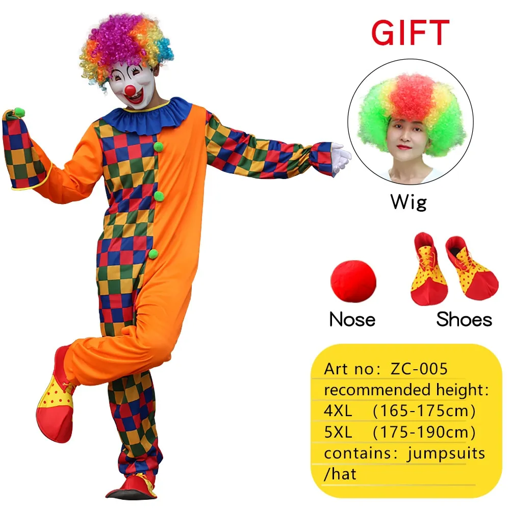 Halloween Adult Funny Circus Clown Cosplay Costumes Carnival Party Show With Wig Shoes Sponge Nose Dress for Men Women