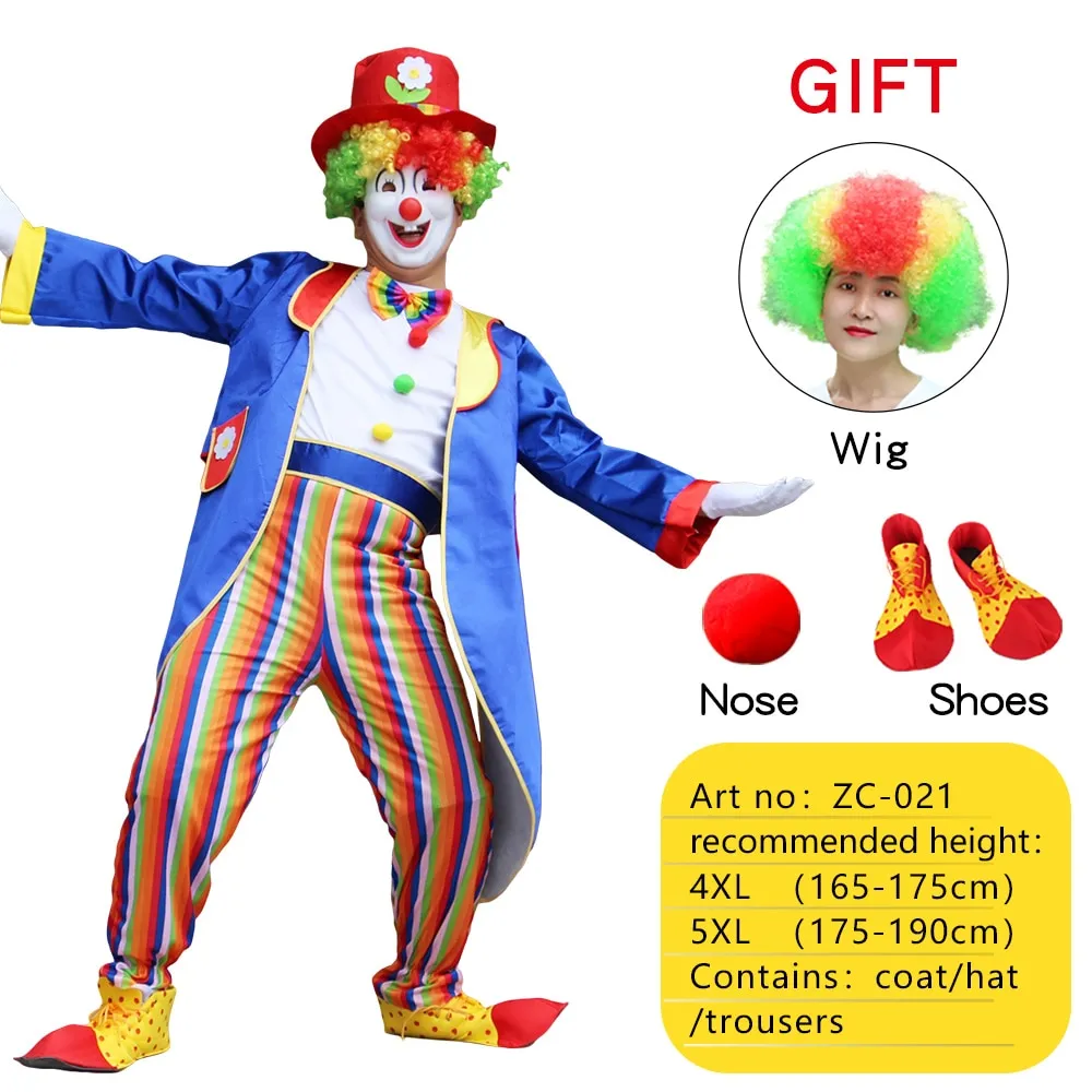 Halloween Adult Funny Circus Clown Cosplay Costumes Carnival Party Show With Wig Shoes Sponge Nose Dress for Men Women
