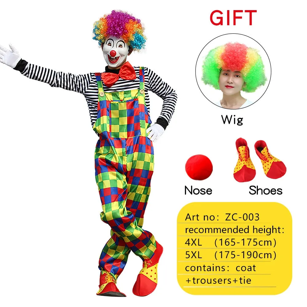 Halloween Adult Funny Circus Clown Cosplay Costumes Carnival Party Show With Wig Shoes Sponge Nose Dress for Men Women